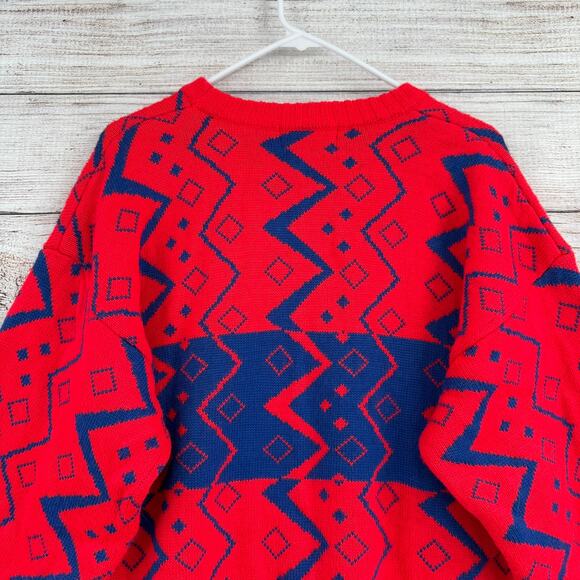 Vintage 80s Obermeyer Sport Crewneck Ski Sweater Mens Large Florescent Red Blue - Picture 4 of 13